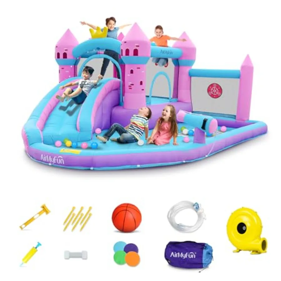 Backyard inflatable waterslide bounce house for kids 3-12 pink PVC material wet/dry use splash pool included sturdy outdoor bou
