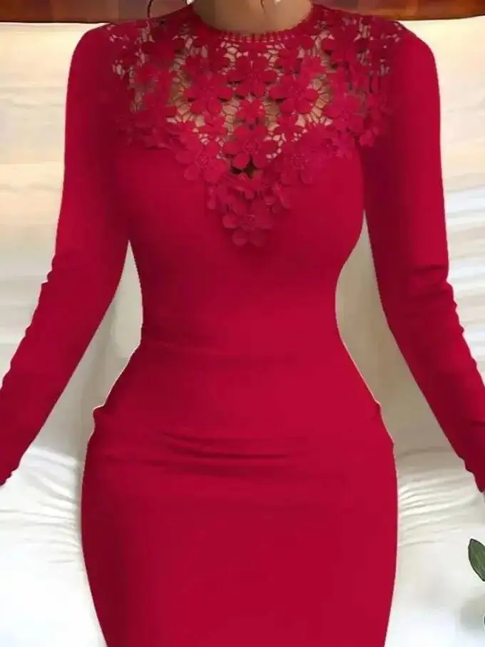 Minivestido bordado de encaje de flores para mujer, elegante vestido envolvente de manga larga para invierno, vestido de fiesta ajustado sexi con medio cuello