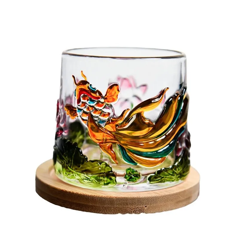 Rotatable Glass Cup Fish And Flower Shaped Crystal Whiskey Glass, Wood Coaster Cocktail Cup