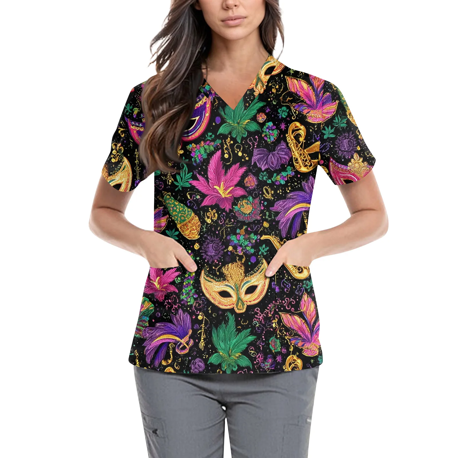 Carnival Printed Nurse Uniform V-Neck Protective Work Uniform Short Sleeved Top Ladies' Carnival Short Sleeve