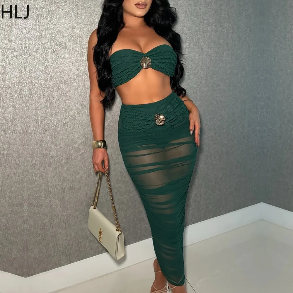 

HLJ Sexy Mesh 2 Pieces Set for Woman Outfit Solid Color Sleeveless Backless Crop Top + Skirt Female Streetwear Vestidos 2025 New