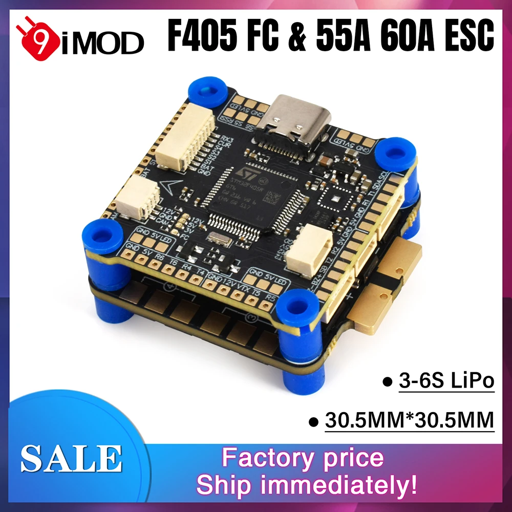 

9IMOD F405 Flight Stack F405 Управление полетом 55A/60A ESC 30,5x30,5 мм для гоночного дрона FPV