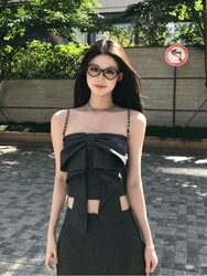 Sexy Grey Stripe Skirt Suits Women Summer Sexy Bow Straps Crop Tops Corset + Bodycon Casual Short Skirt 2 Piece Vintage Sets