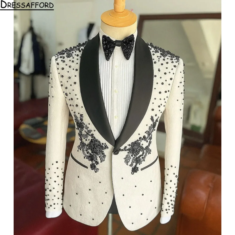 

Элегантный мужской костюм из двух предметов с аппликацией для свадьбы, банкета, танца, выпускного вечера, Рождественский костюм, мужской пиджак