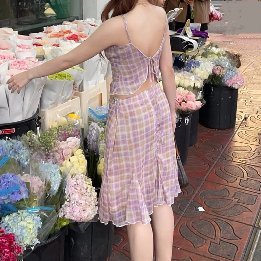 Sexy Plaid Print Chiffon Lacing up Backless Camisole Tank Top + Zipper Low Waist Knee Length Mermaid Skirt 2 Pieces 1 Set