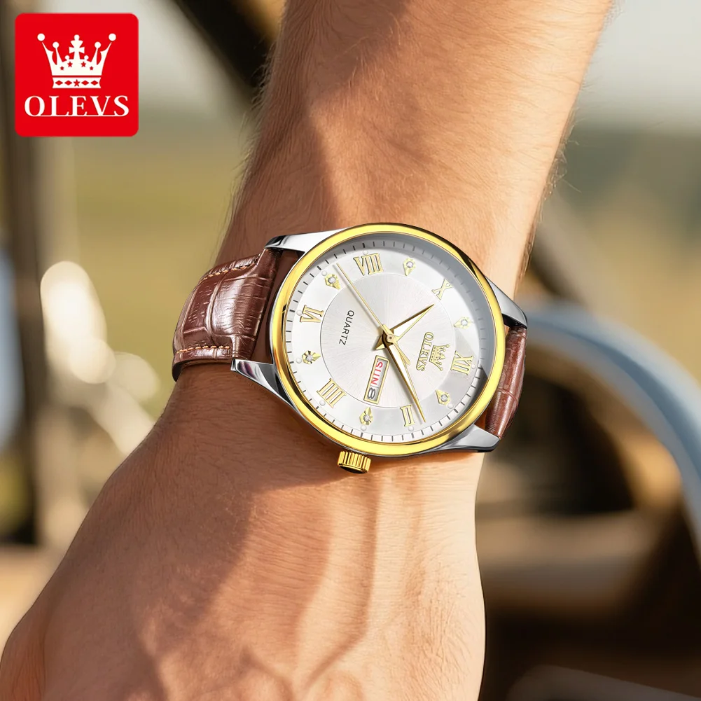 OLEVS 3649 Mens Watch Original Casual Fashion Quartz Watch Waterproof Luminous Week Date Watches For Man And Woman Leather Strap