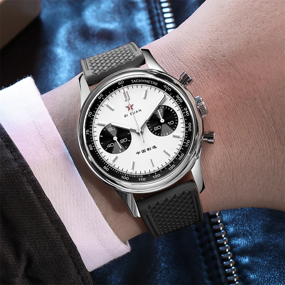 Red Star 40mm Panda 1963 Chronograph Mechanical Watch Original ST1901 Movement Luminous Sapphire Men\'s Wristwatch Silicone Strap