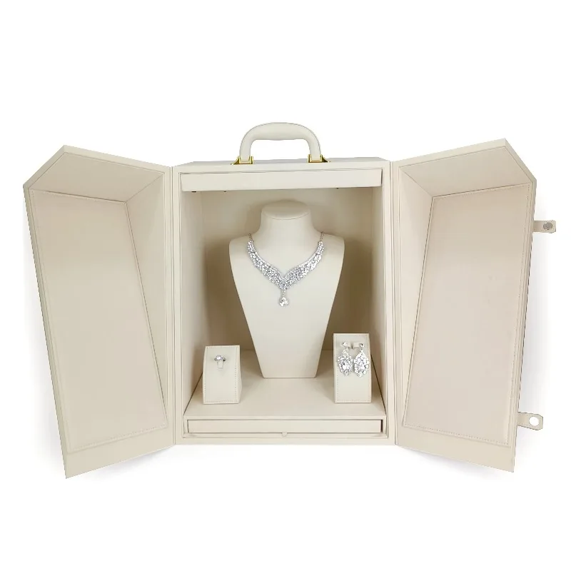 Luxury Jewelry Display Stand Suitcase Bust Necklace Pendant Stand Ring Earrings Large Double Door Jewelry Display Box