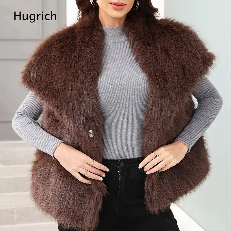 Light Pink Women Faux Fur Sleeveless Gilet Big Wide Lapel Collar Double Breasted Loose Fit Fluffy Plush Furry Warm Winter