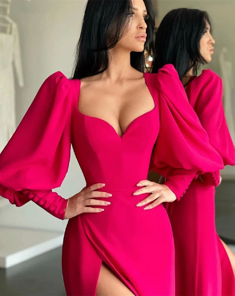 Sexy Fuchsia Long Puffy Sleeves Evening Party Dresses Slit Side Buttons Soft Satin Women Formal Prom Gowns Robe De Soirée