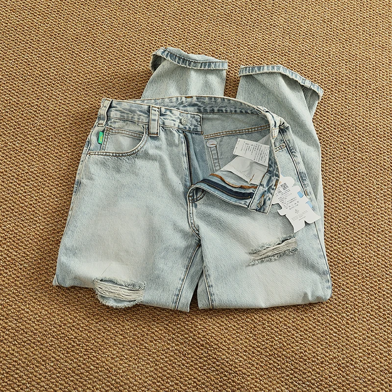 Light blue retro bay wash denim pants Men's High street trend ripped new summer vintage jeans trend
