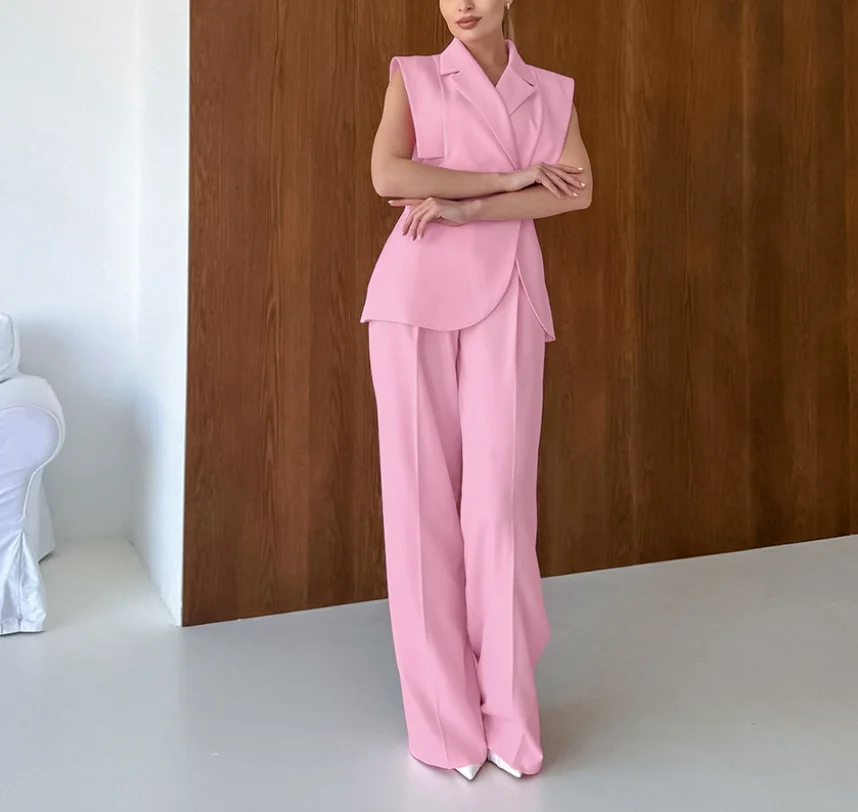 

Urban Women's Two-Piece Sleeveless Suit Collar Loose Vest High Waisted Pocket Wide Leg Pants Summer Fashion Casual Women's Suit