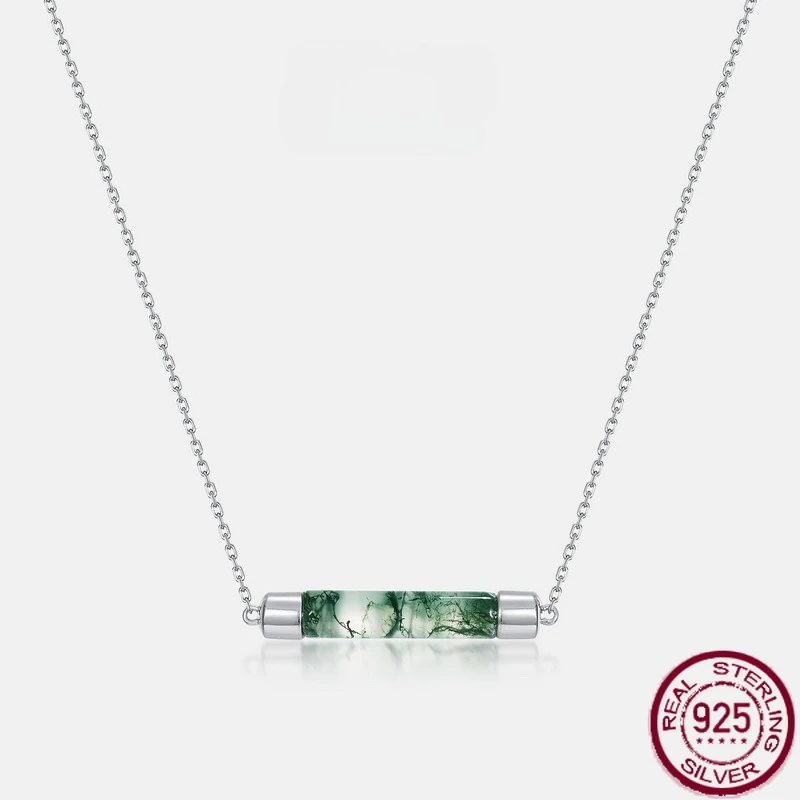 

New S925 pure silver minimalist lamp tube, green moss stone inlaid with natural water grass agate necklace, wedding jewelry