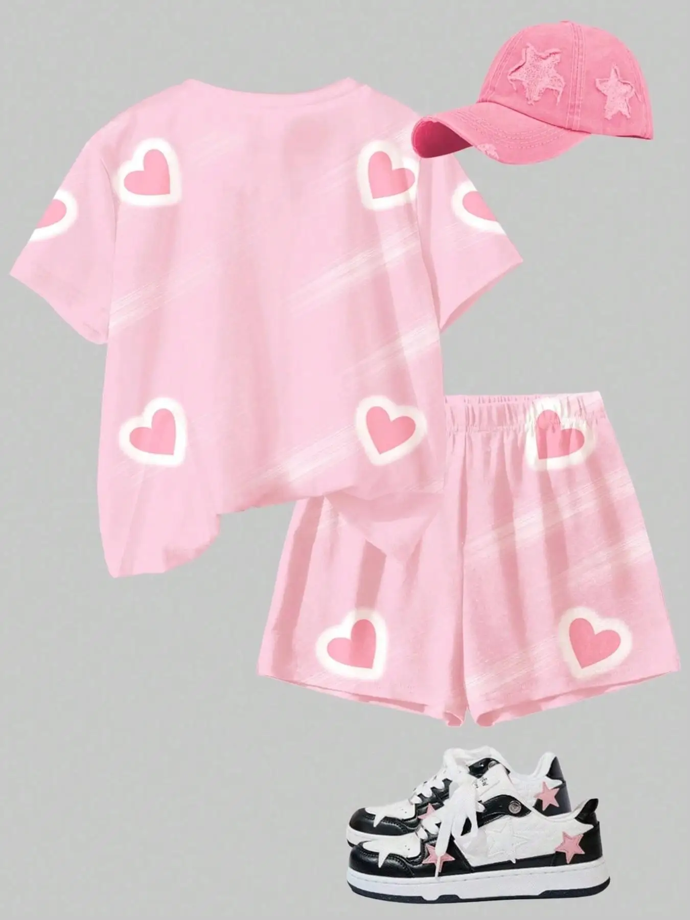 Girls' pink neon heart-outline K-pop idol-style two-piece outfit: a crew-neck short-sleeve T-shirt paired with heart-print short