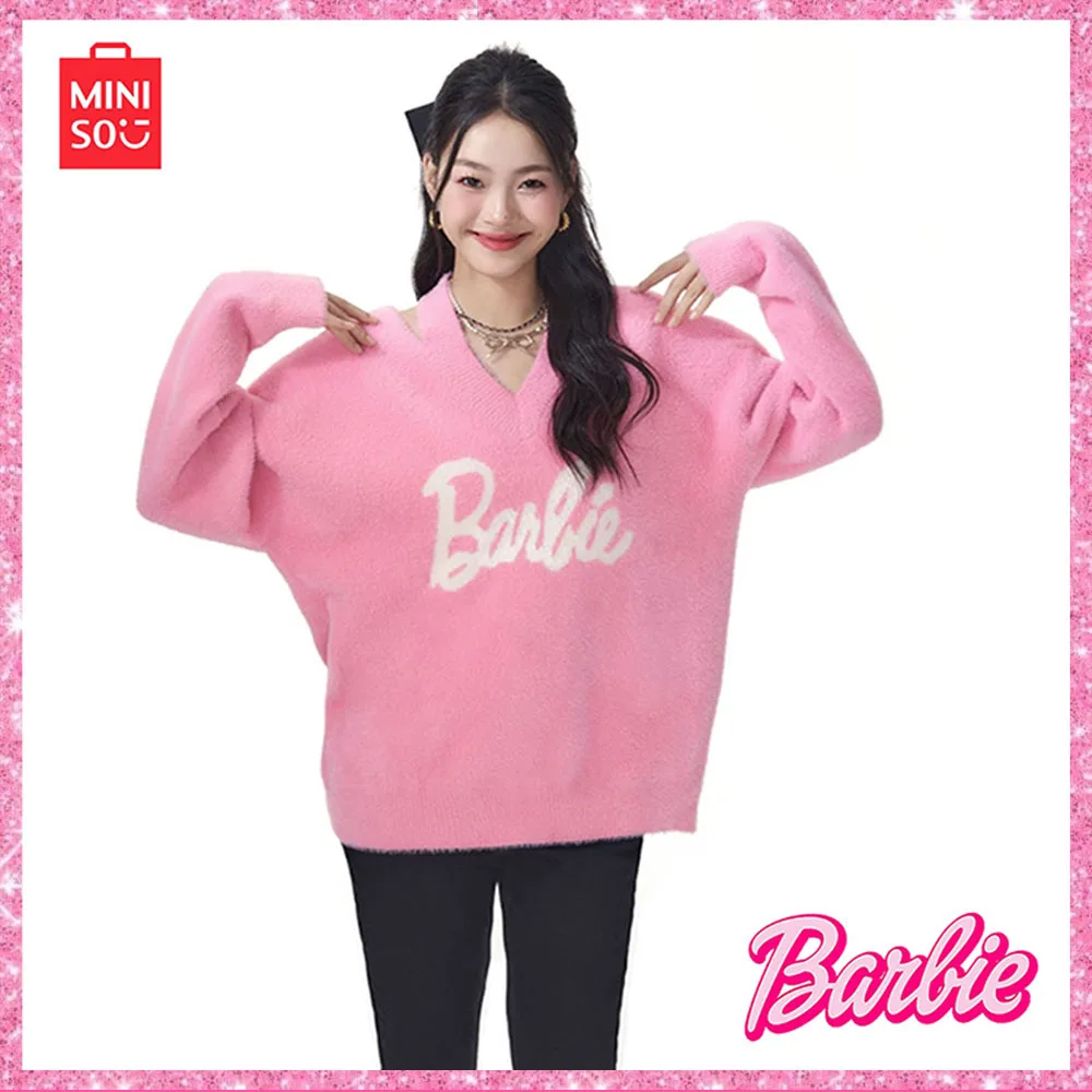 2024 Miniso Barbie Princess New Sweet Lazy V-Neck Fluffy Knitted Loose Imitation Mink Sweater Pink Girlfriends Gifts