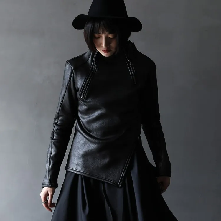 Dark Style Irregular Stand Collar Diagonal Zipper Faux Leather Sweatshirt Female Cool Black Gothic Jacket Fleece Lining Pullover