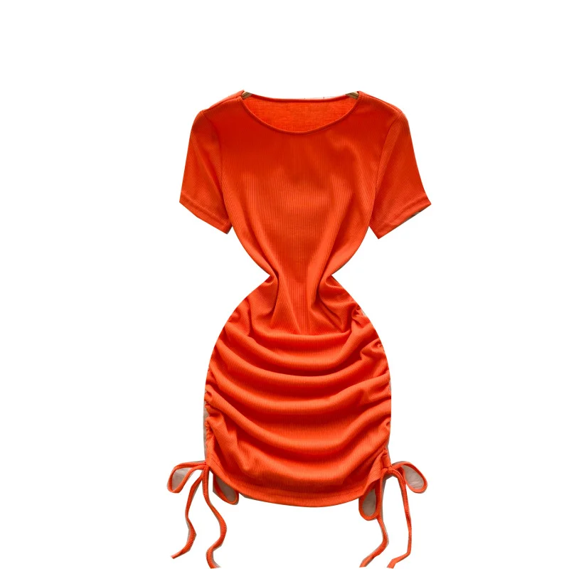 Vrouwen 2025 chique zomer trekkoord bodycon mini korte jurk casual party geplooide schede ruches stretch nachtclub t-shirt jurk