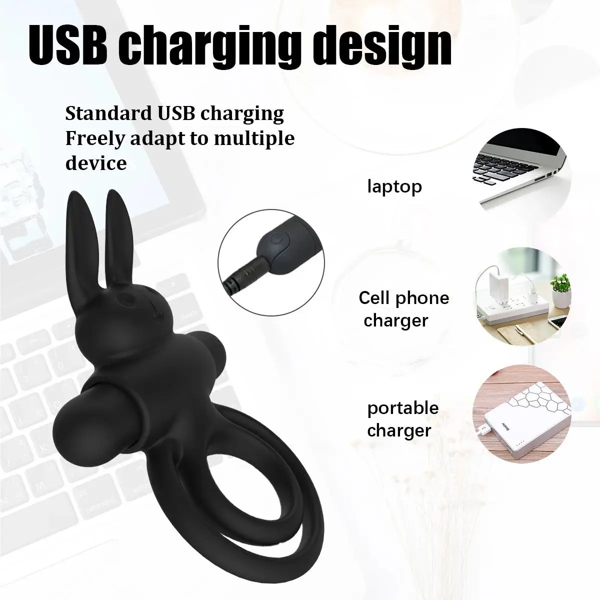 Rabbit Shape Vibrate Penis Delay Ring Vibrator Clitoris Stimulate USB Rechargeable  Medical Silicone Sexy Toys for Adults