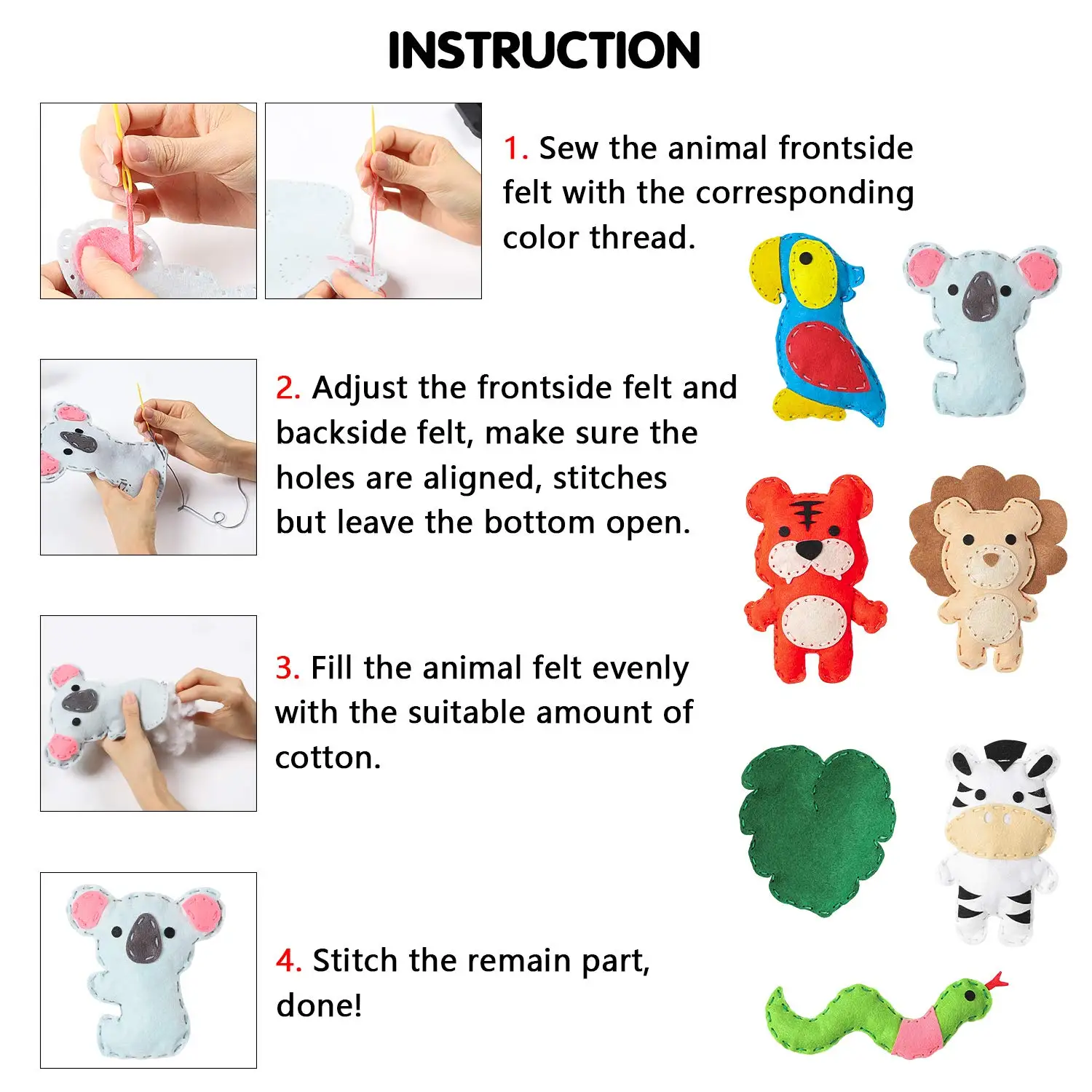 Jungle Animal Felt Sewing Kit for Kids Wild Animals Sewing Pack for Beginner Boy Girls Fun DIY Sewing Toy Craft