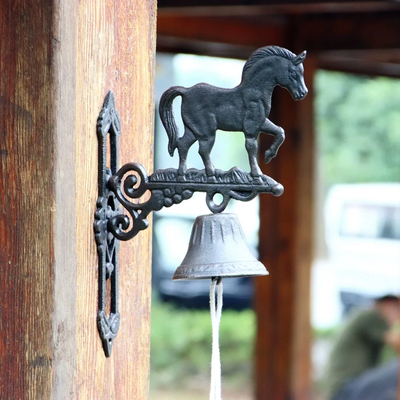 

Country Horse Prancing Dinner Bell Cast Iron Wall Mounted Rustic Black Outside Door Large Bell Farmhouse Garden Gate Decoration