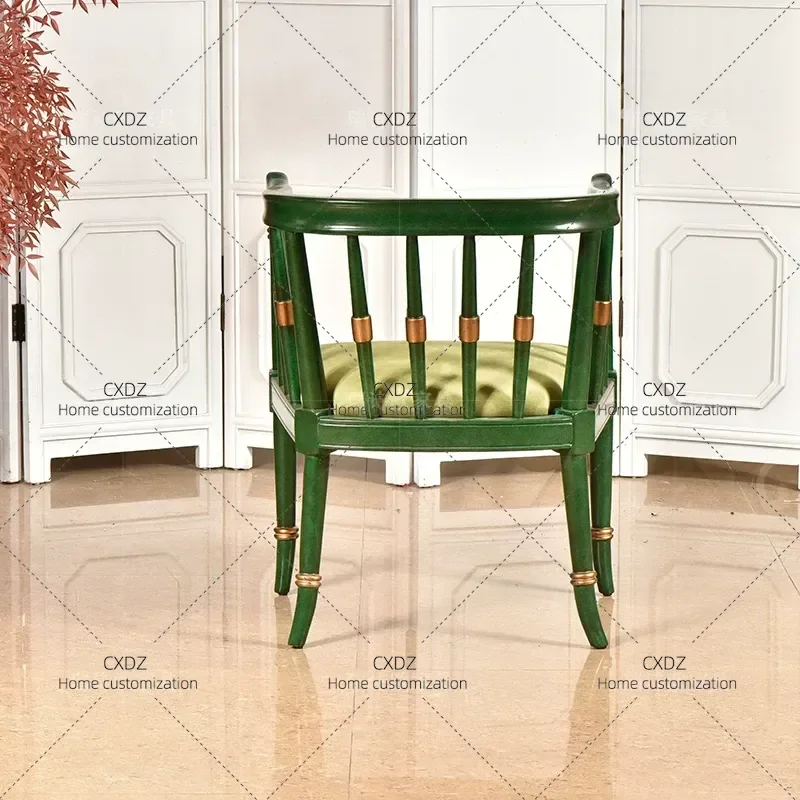 Retro Solid Wood Leisure Chair Emerald Tone Gold Painted Single Chair Light Luxury Flannel Seat Cushion Dressing Chair