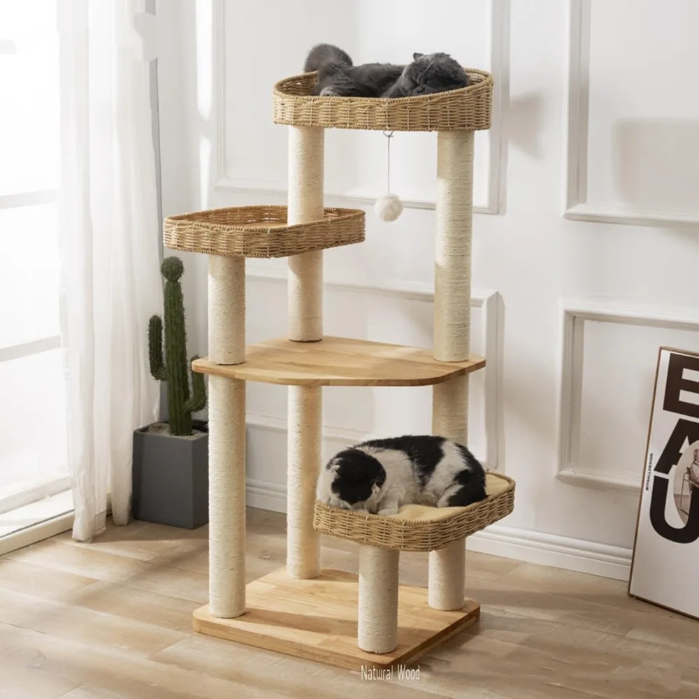 

Modern Natural Wood Wooden Cat Tree Tower, 3 Large Rattan Wicker Basket Perch Beds with Cozy Cushion Sisal Scratching Post,
