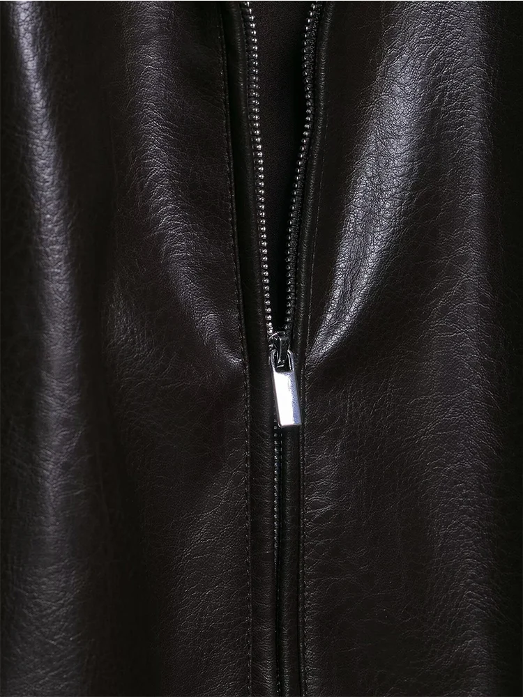 TFMLN 여성 빈티지 가죽 항공 점퍼 턴다운 넥 긴 소매 루즈핏 재킷 지퍼 숏 코트 인조 가죽 시크 코트