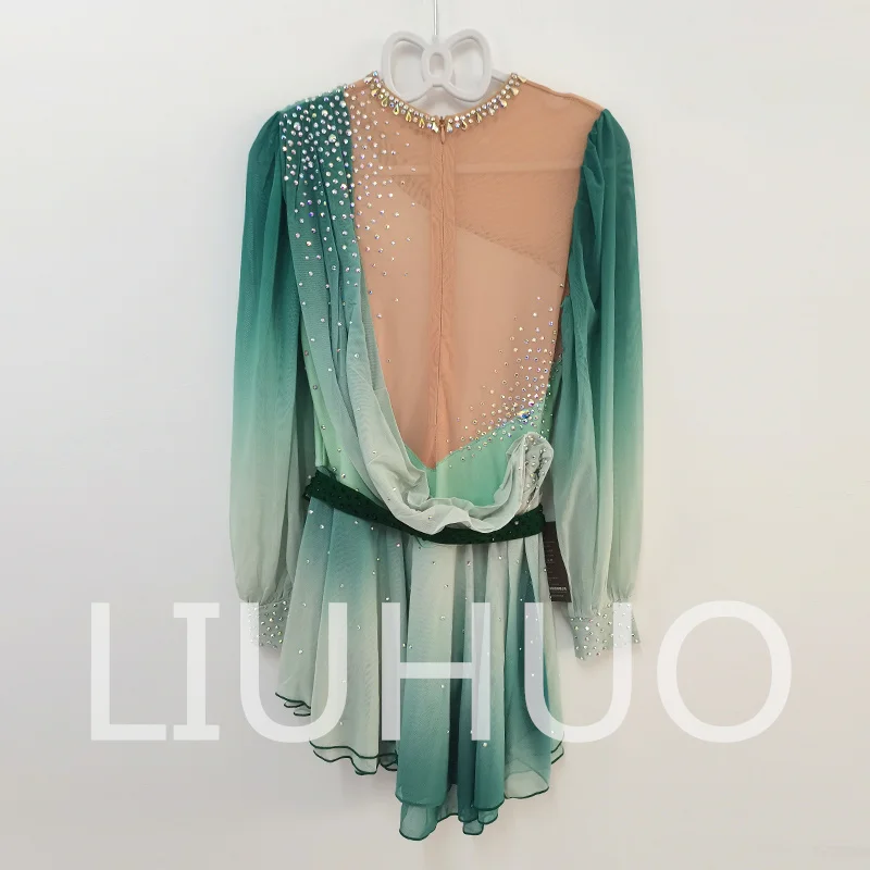 LIUHUO สเก็ตน้ําแข็งชุดแขนยาวสีเขียวหญิงวัยรุ่นยืด Spandex การแข่งขันชุด