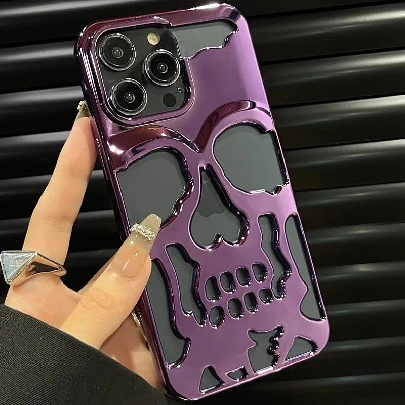 Personality Hollow Skull Callous Phone Case for iPhone 15 14 13 Pro Max Plating Shockproof 3D Ghostface Fashion Back Cover