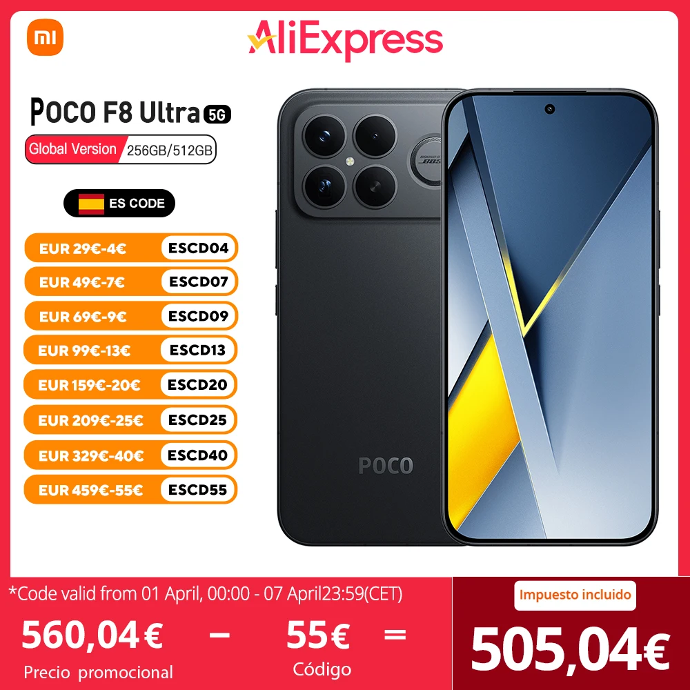 POCO F8 Ultra 5G Versión Europea 256GB/512GB Snapdragon 8 Elite Gen 5, Pantalla AMOLED 6.9", 120Hz, 50MP OIS, 6500mAh, IP68, NFC