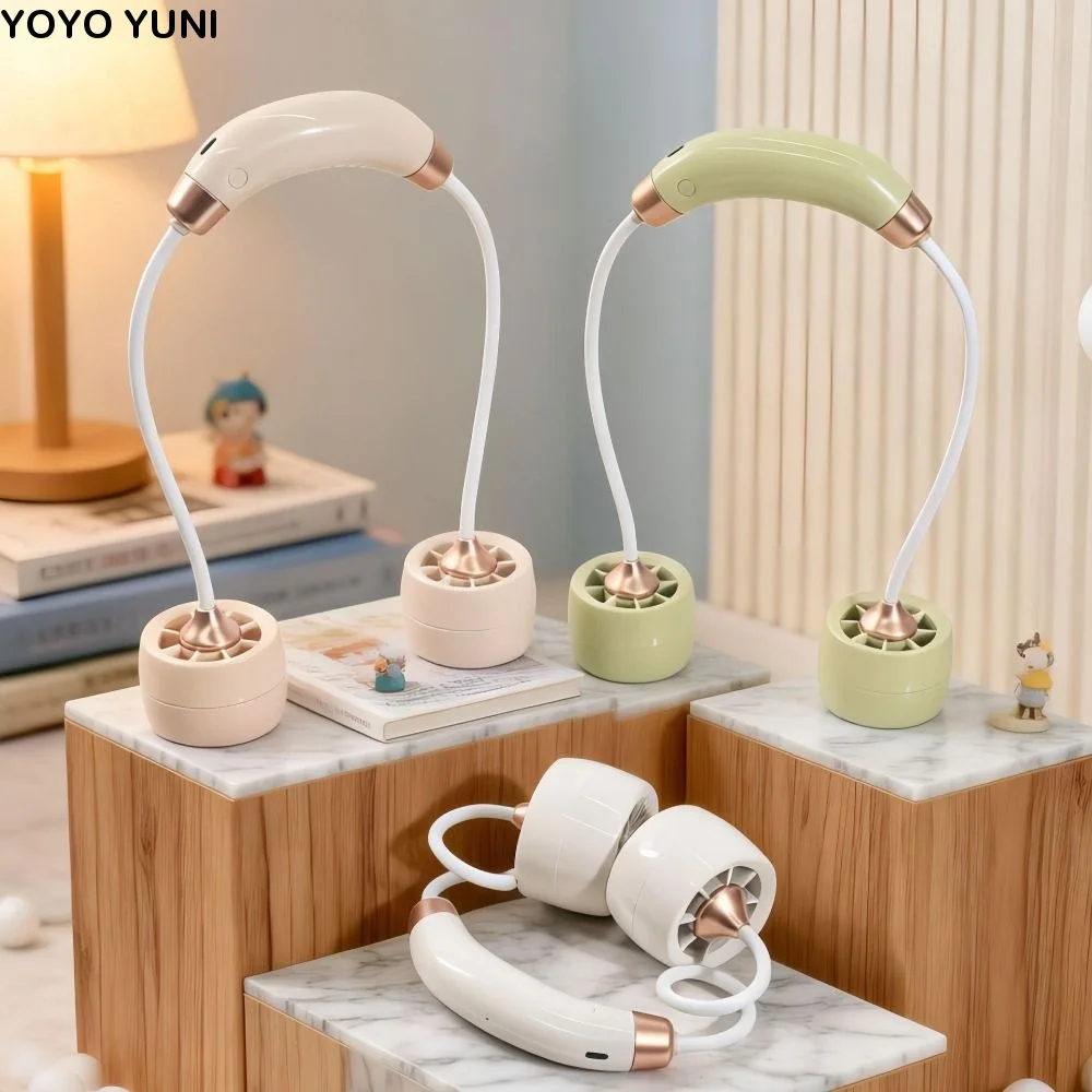 Cream Tone Wearable Neck Fan Foldable Structure Rechargeable Battery Foldable Neck Fan Soft Wind Turbine Air Outlets
