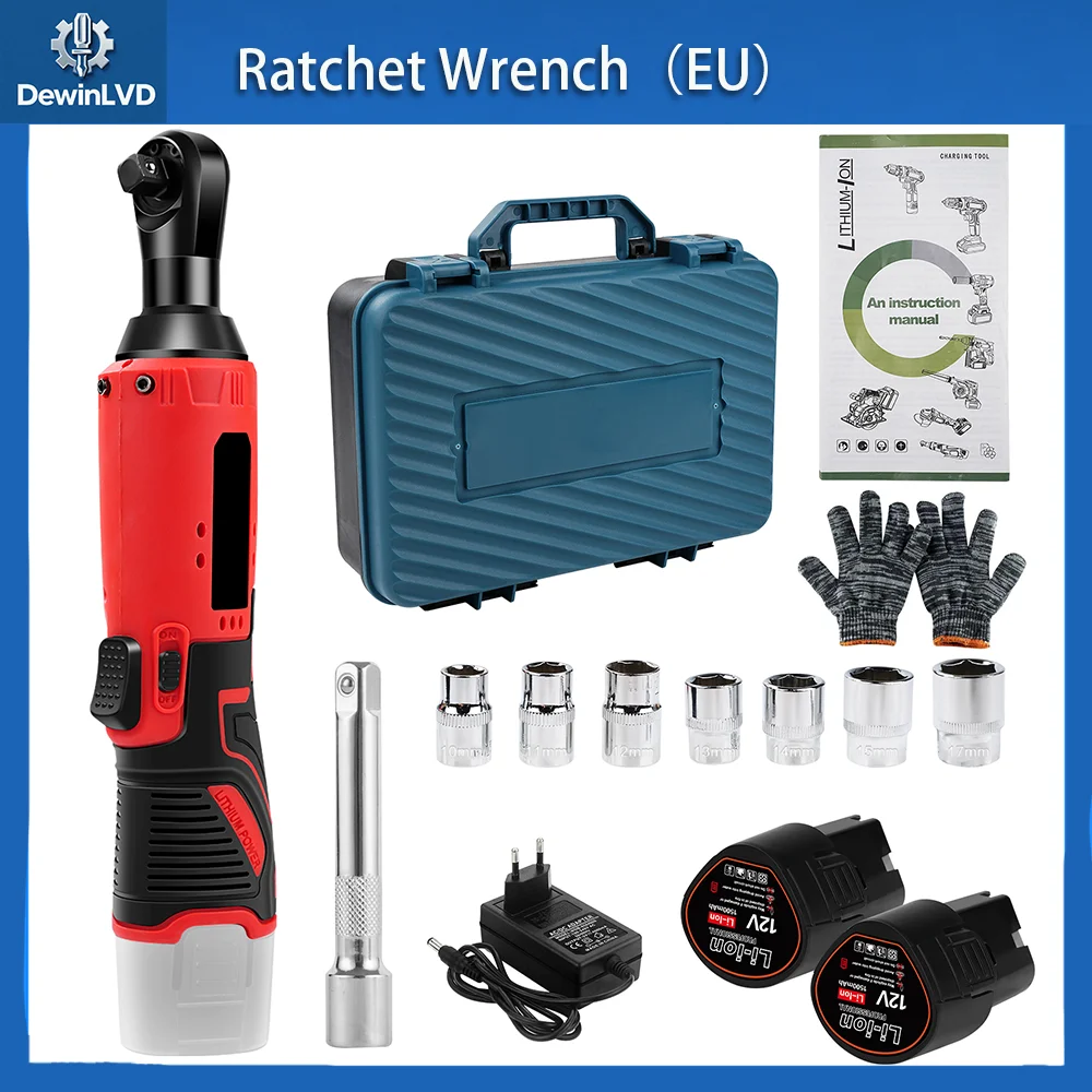 

DewinLVD 12V Ratchet Wrench Cordless Right Angle Electric Wrench 35NM 3/8" Electric Wrench Set Car Motorcycle Power Repair Tools