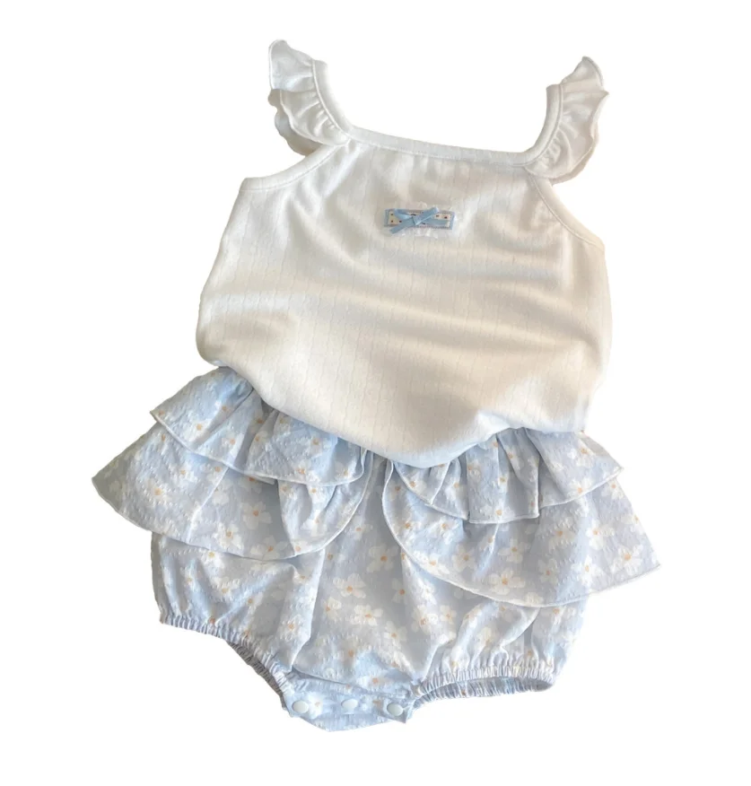 Baby Summer 2Pcs Outfit White Ruffle Sling Top Blue Floral Tiered Skirt Bloomer Newborn Sleeveless Casual Set
