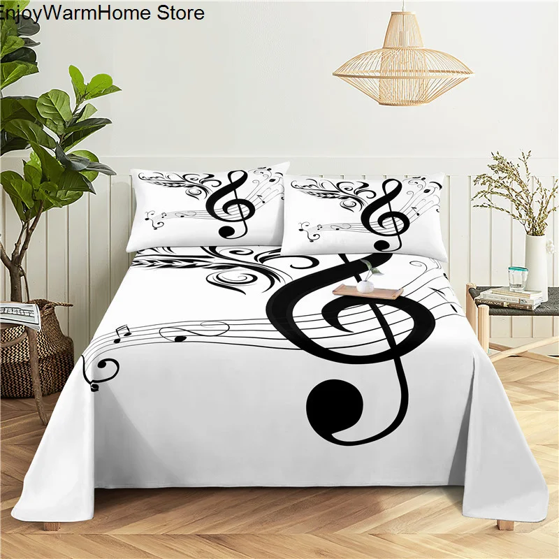 fashion Music Sheet Set Piano Keyboard Music Note Printed Bed Flat Sheet With Pillowcase Polyester Bedding