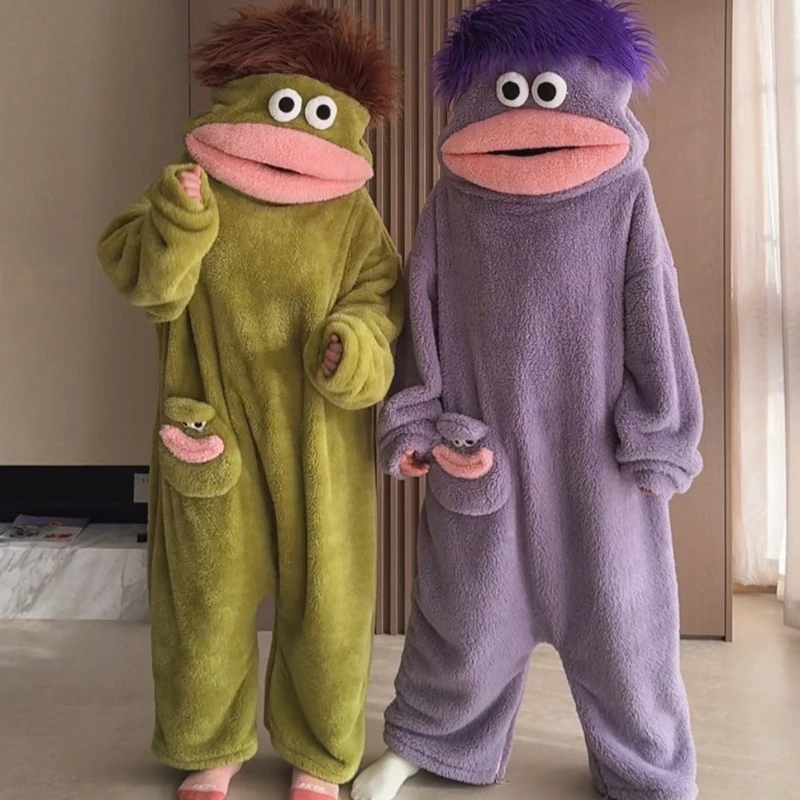 

NEW Green Big-Mouth Monster One-Piece Pajamas Winter Coral Fleece Thickened Ugly Cute Funny Abstract Hairy Ugly Fish Home Wear