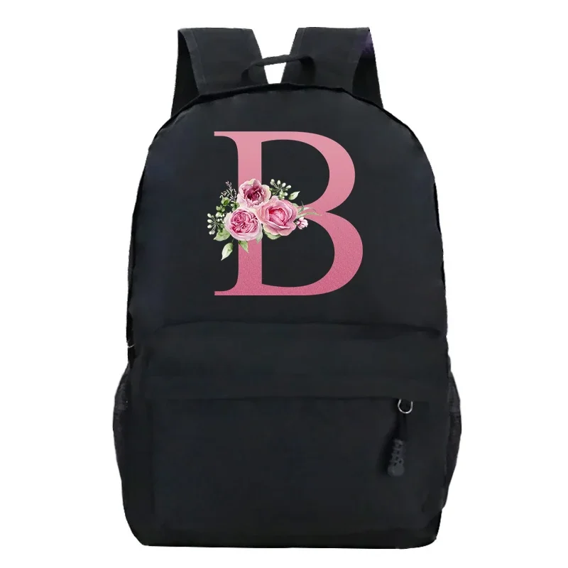 Pink Rose Fashion Floral Alphabet Backpack for Women Canvas School Bags for Teenage Girls Large Capacity Student Shouder Bags