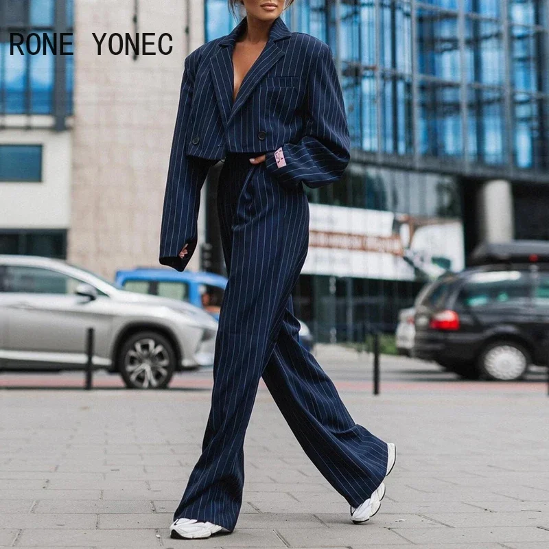 Striped Blazer Coat & Straight Leg Pants Set Women Two Pieces Sets