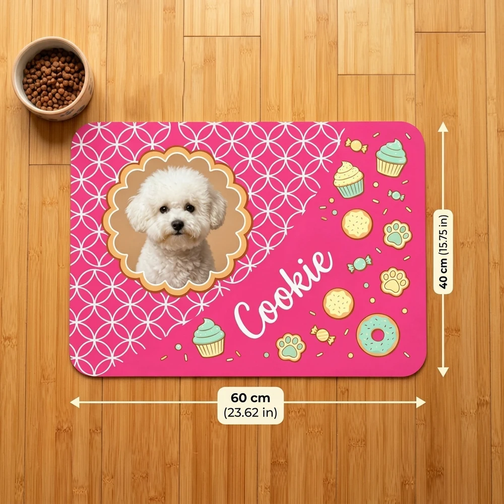 Custom Pink Dog Feeding Mat,Dessert&Cookie-Themed Design,Non-slip Easy Clean,Pet Feeding Station,Home Decoration,New Puppy Gift