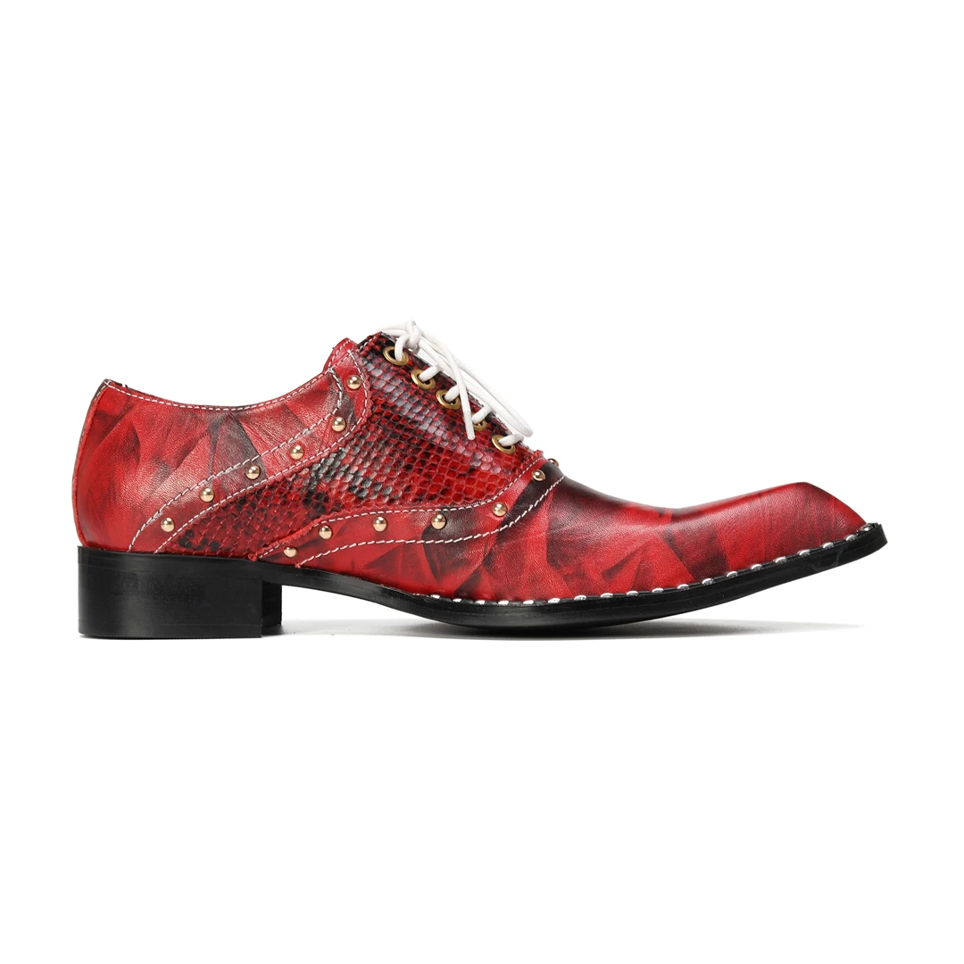 Men Red Black Gradient Python Embossed Leather Derby Shoes Punk Gothic Style Lace Up Pointed Block Heel Streetwear Party Shoes