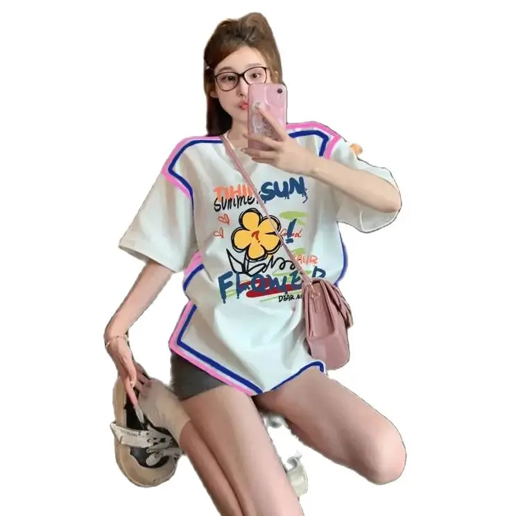 Korea Women Casual Printed Basic Short Sleeve T-Shirt Summer Solid Loose Tees Female Top 2024 New