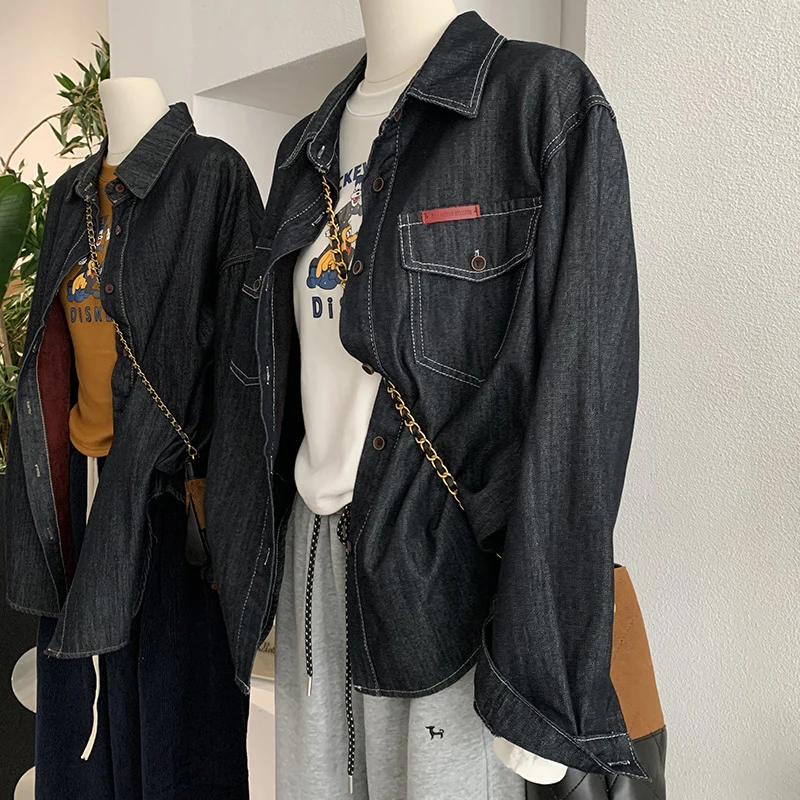 التلبيب المخملية المرأة الدنيم سترة الخريف الشتاء موضة كم طويل فضفاض معطف دافئ منتصف طول الإناث ملابس خارجية سميكة القمم #3