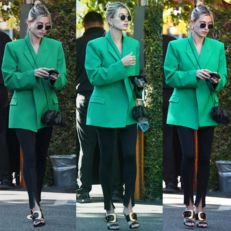 

Женский пиджак Naturaleye Green Suit: премиум-качество, прямой крой, защита от морщин, в стиле знаменитости Хейли Бибер, полиэстер, длинный рукав, модный, осенний