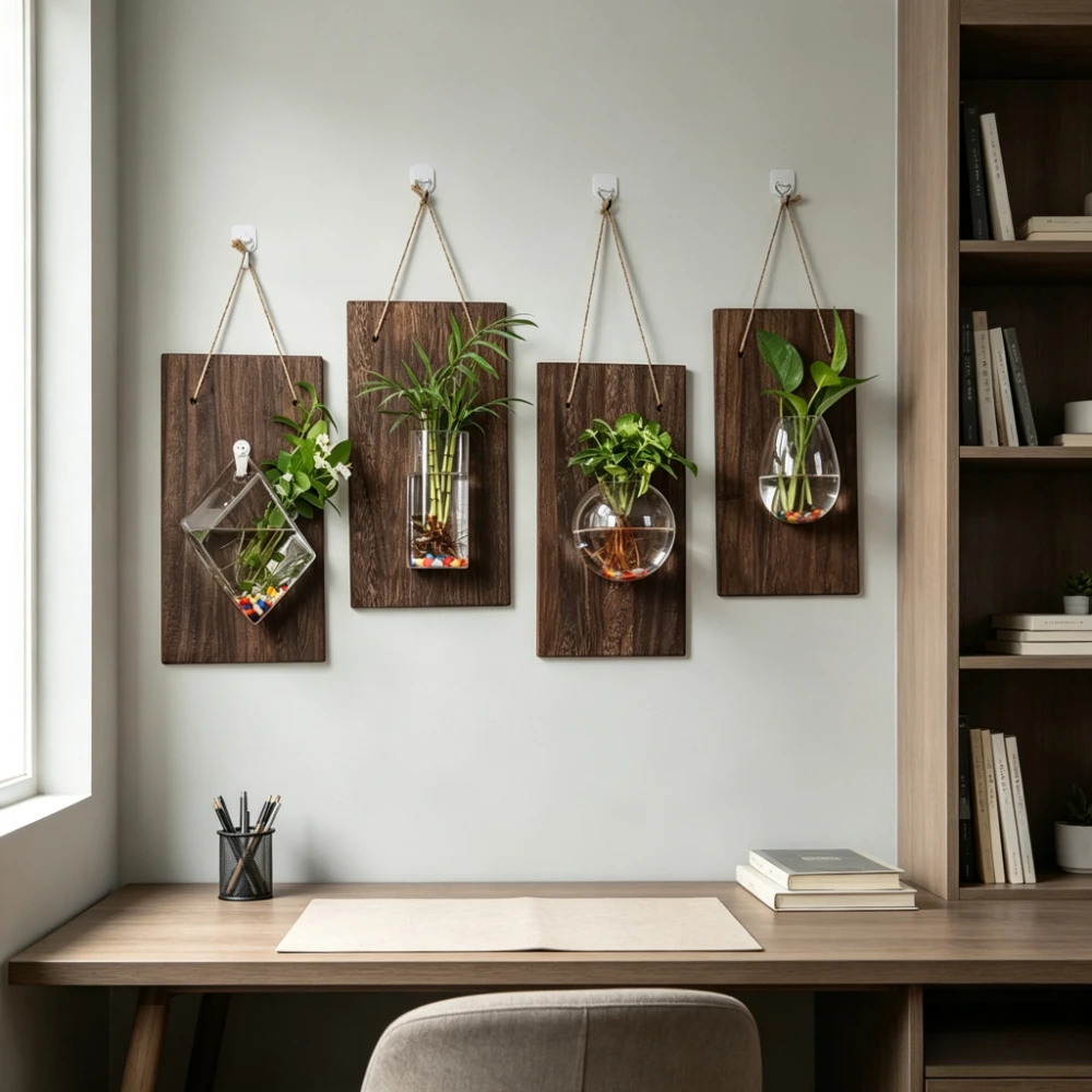 Vintage Wall Hanging Glass Flower Vase with Wood Backboard Hydroponic Plant Pot Indoor Wall Decor Home Office Ornament