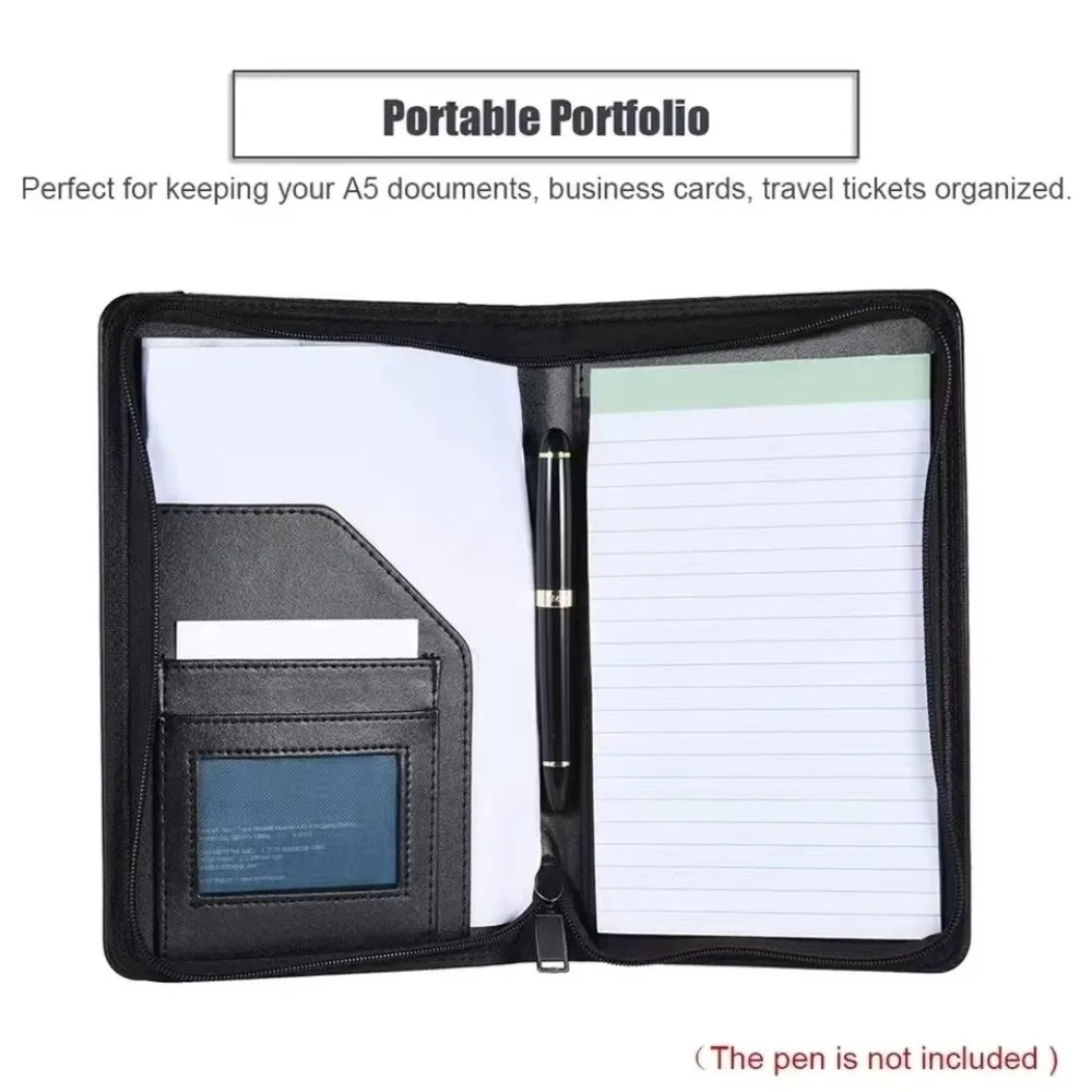 A5 Business Portfolio PU Leather Multi-functional Portfolio Folder Memo Note Pad with Business Card Holder
