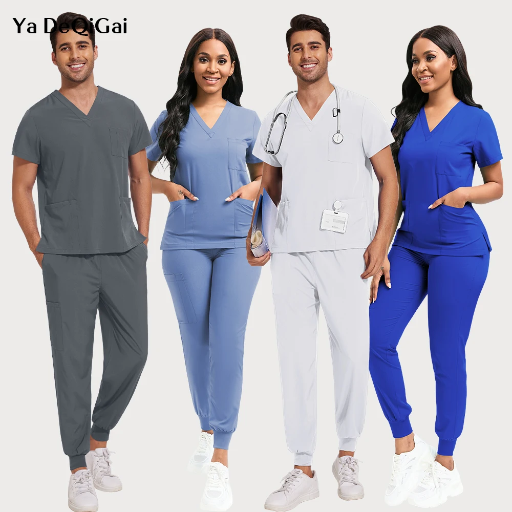 Meerkleurige joggingpakken Unisex Arts Verplegingsuniformen Zakken V-hals Tops Broeken Verpleegkundige Scrubs Set Medische klinische dierenartskleding