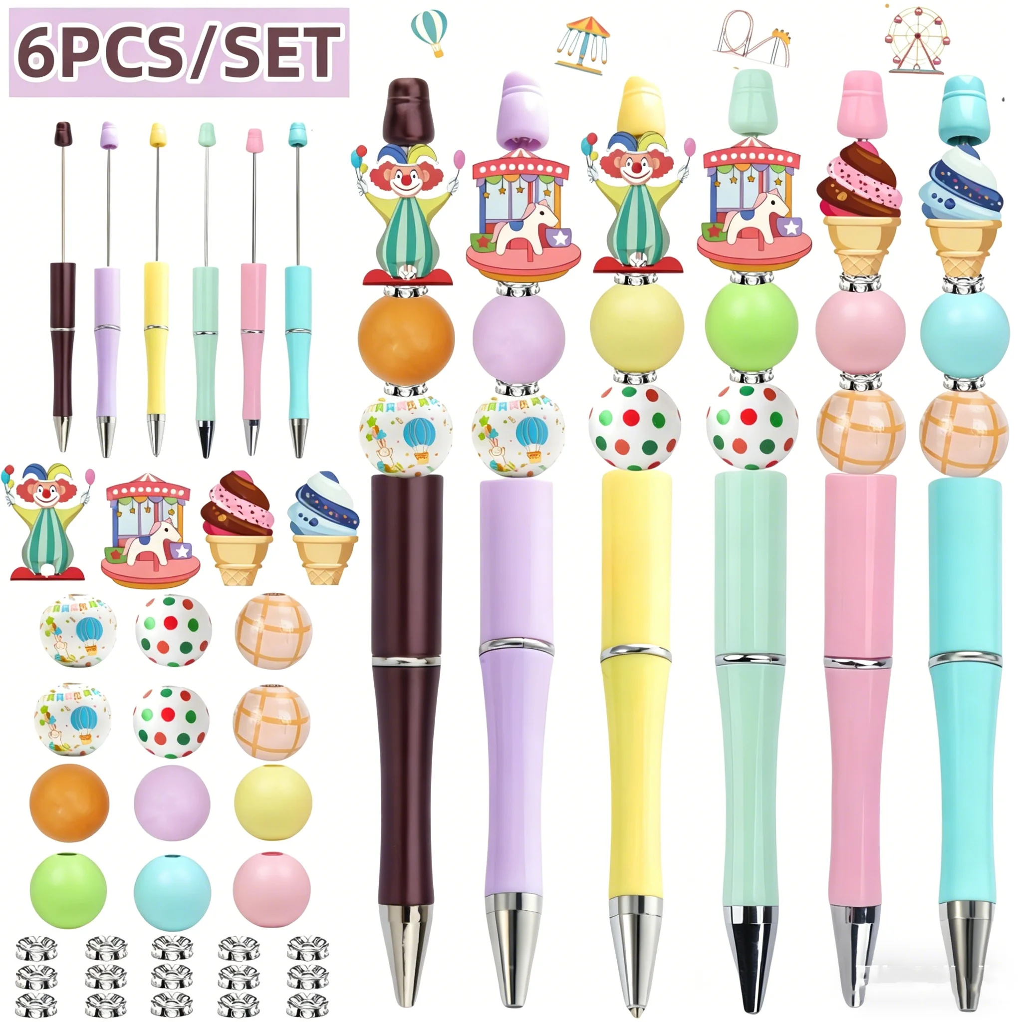 

Набор из 6 шариковых ручек с бусинами в стиле клоунов из парка развлечений Dopamine Student, для творчества и офиса