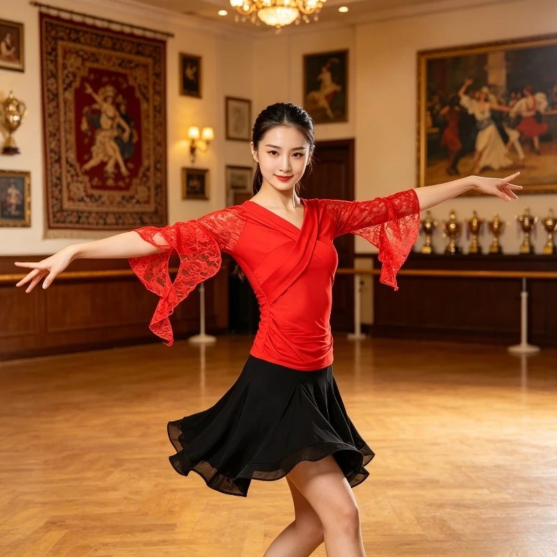 Women Sexy Lace Latin Dance Top National Standard Dance Costume Female Practice Performance Wear performance accessories zym