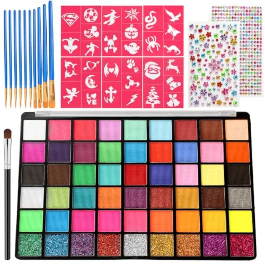 

Набор для рисования на лице, 54 цвета, профессиональный набор для фейс-арта с 10 кистями и трафаретами, на водной основе, нетоксичные краски для лица