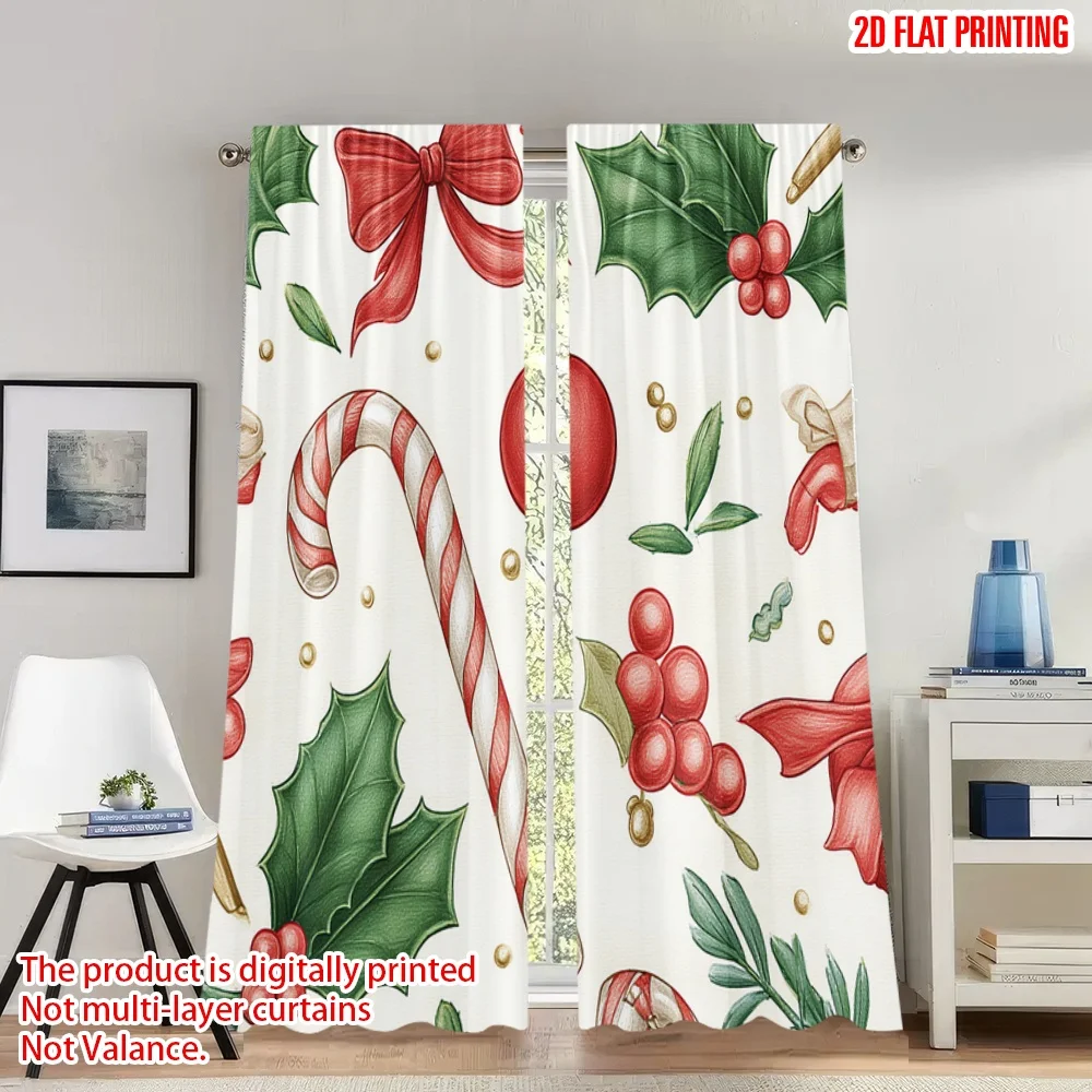 

2pcs 2D flat printing Christmas Scene Curtains Christmas Holly Bow Candy Cane Digital Printed Polyester Drapes Party & Holiday