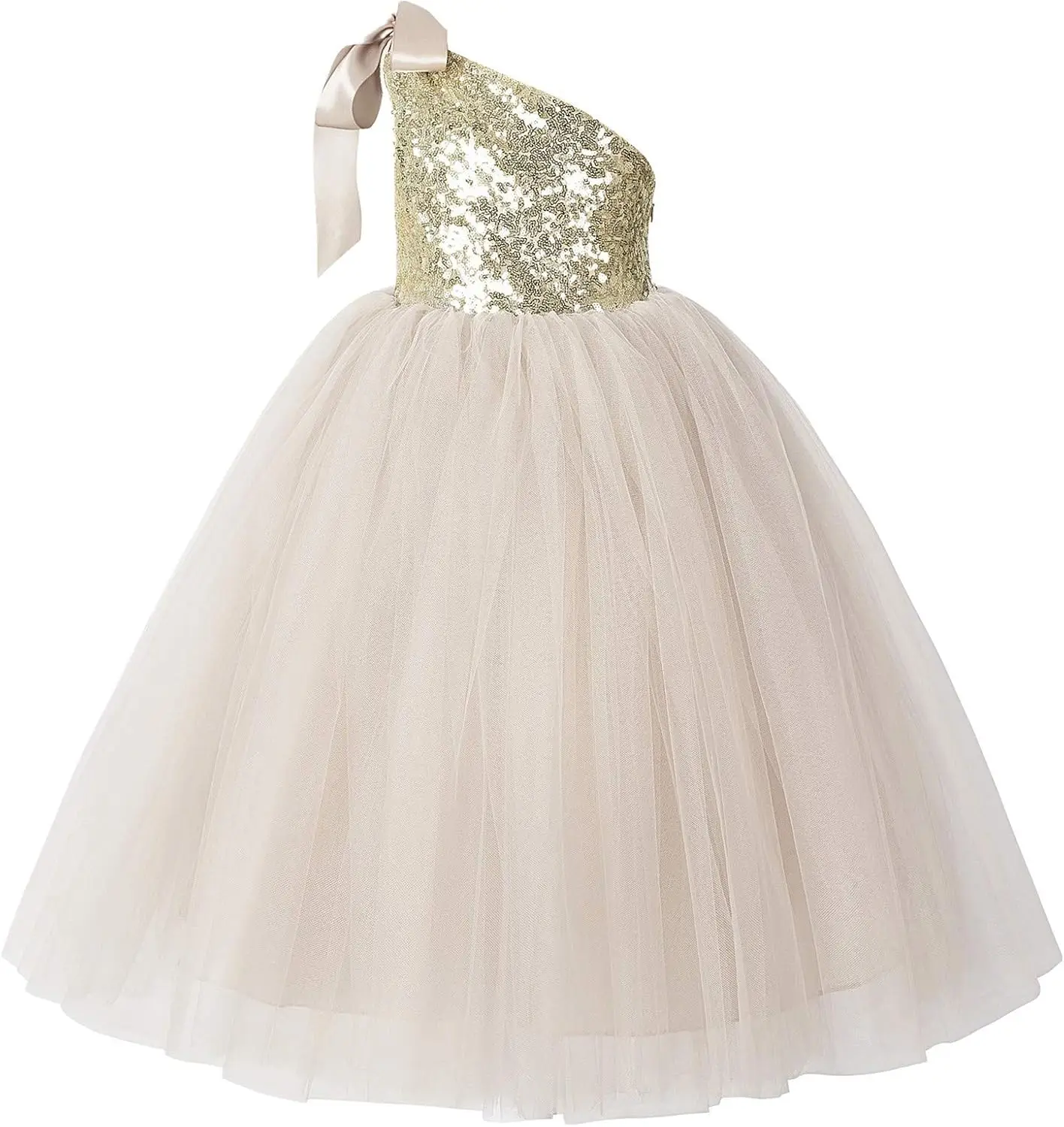 Ekidsbridal Tutù con paillettes monospalla Abito da ragazza di fiori Corsetto Abito da ballo per spettacolo di nozze per ragazze